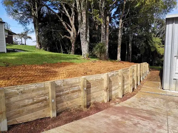 Retaining wall construction and groundwork, Auckland Retaining wall construction and groundwork in progress on an Auckland property